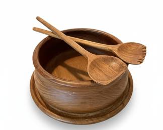 Teak Wood Salad Bowl with Servers and Under Plate