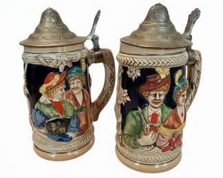 Pair of German Beer Steins with Pewter Lids