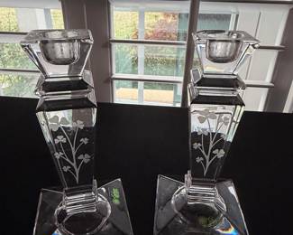 Galway Irish Crystal "Shamrock" Candlestick Holders (Pair)