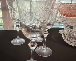 Vintage Etched Fern Crystal Wine Glasses