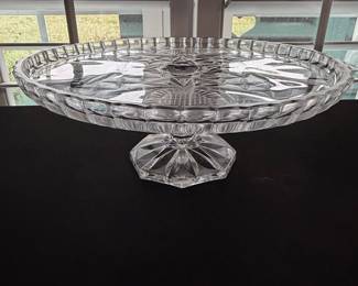 Vintage Cut Crystal Pedestal Cake Stand with Sunflower and Starburst Pattern