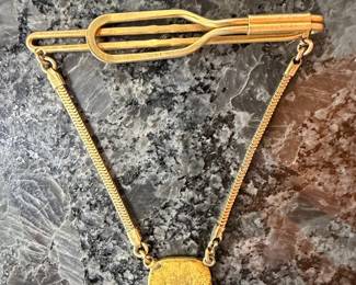 Vintage Swank Gold-Plated Tie Clip with Chain and Square Medallion