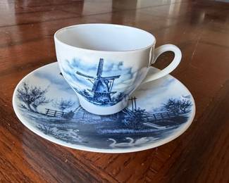 Delft Blue Windmill and Swan Teacup and Saucer Set