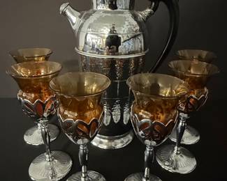Farber Bros. Krome Kraft Art Deco Amber Glass Cocktail Shaker and Goblets Set