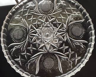 Vintage Cut Crystal Pedestal Cake Stand with Sunflower and Starburst Pattern
