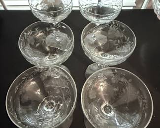 Vintage Etched Crystal Coupe Glasses - Grape and Vine Pattern