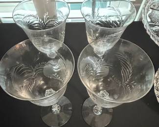 Vintage Etched Fern Crystal Wine Glasses