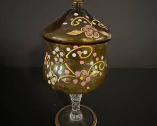 Vintage Bohemian Amber Glass Candy Dish with Floral Enamel and Gold Accents