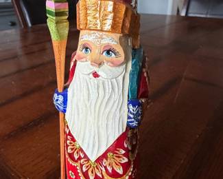 Hand-Carved Wooden Ded Moroz (Grandfather Frost) Figurine with Staff