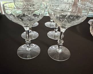 Vintage Etched Crystal Coupe Glasses - Grape and Vine Pattern
