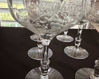 Vintage Etched Crystal Coupe Glasses - Grape and Vine Pattern