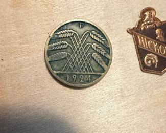 Deutsches Reich 10 Rentenpfennig Coin and Hickok Lapel Pin