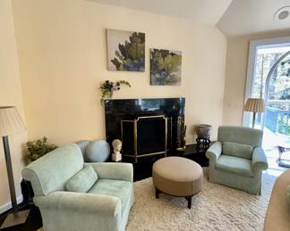 PAIR of custom armchairs upholstered in a soft ocean colored chenille