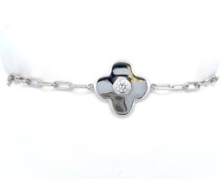 Diamond Solitaire Flower Charm Paper Clip Chain Bracelet