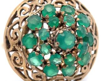 Natural Emerald Filigree Lace Dome Ring in 14k Yellow Vintage Gold
