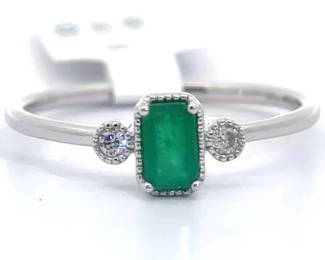 Natural Emerald & Natural Diamond Three-Stone Bezel Ring in White Gold