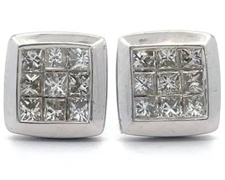 Natural Diamond Princess Square Bezel Stud Estate Earrings in 14k White Gold