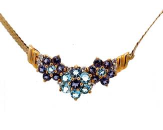 Estate 1.81 Carat Natural Topaz, Diamond & Iolite Flower Cluster Chevron Necklace in Yellow Gold