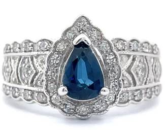 Natural Blue Sapphire & Pavé Natural Diamond Lace Halo Ring in 14k White Gold