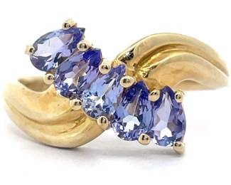 Natural Tanzanite Five-Stone Scalloped Bypass Ring in Yellow Gold