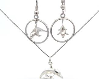 Made in Hawaii! Jumping Dolphin in Hoop Matching Dangle Earrings & Pendant SET