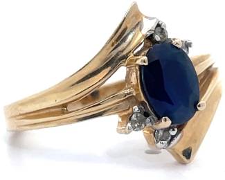 Oval Natural Blue Sapphire & Natural Diamond Scalloped Bypass Ring in Yellow Gold