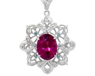 4.10 Carat Natural Rubellite Tourmaline & Natural Diamond Pendant in 18K White Gold