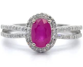 0.27 Carat Natural Ruby & Natural Diamond Halo Split Shank Cathedral Ring in 14k White Gold