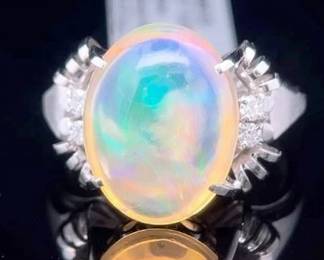 6.58 Carat Natural Opal & Natural Diamond Ring in Platinum