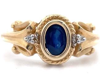 Natural Blue Sapphire & Natural Diamond Twisted Rope Bezel Ring in Yellow Gold