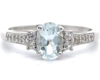 0.83 Carat Oval Cut Natural Aquamarine & Pavé Natural White Topaz Ring
