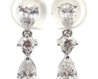 NEW! 1.50 Carat Diamond Pear & Round Three-Stone Dangle Earrings in 14k White Gold