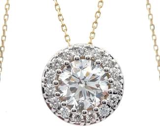 NEW!! 3 Carat Diamond Round Pavé Halo Pendant Necklace in 14k Yellow Gold