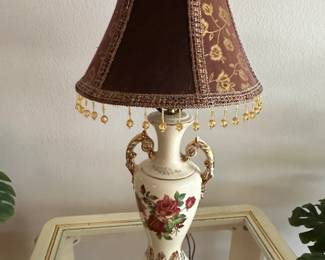 Vintage Worrall Porcelain Table Lamp with Floral Motif and Beaded Shade