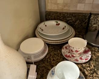 Vintage Teacup and Saucer Set with Cherry and Floral Patterns