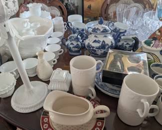 Milk Glass, Saki Set, crystal vases, etc. 