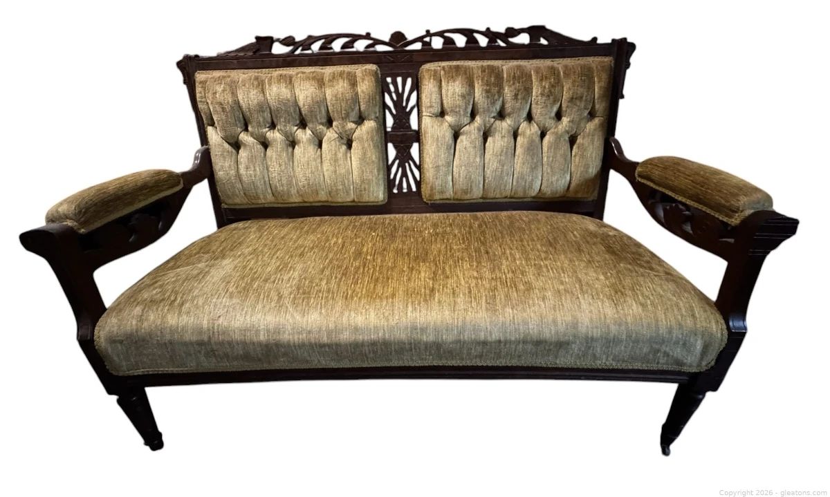 Antique Gold Upholstered and Wood Settee