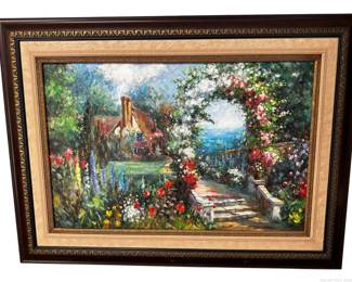 Beautiful Large Framed Original Cottage Garden Oil Painting on Canvas unsigned