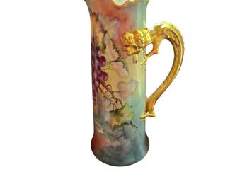 Vtg Limoges Porcelain Grape Golden Dragon Tankard Pitcher Vase 14pt5in Handpainted