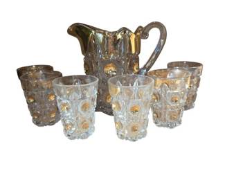 Antique Bulls Eye and Daisy Pitcher and 6 Glasses