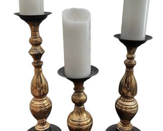 Set of 3 Brass Tone Candlesticks with 3 Flicker Flame Battery Operated Candles