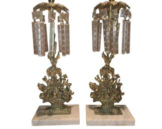 Pair of Antique Girandole Brass Marble and Crystal Candle Holders