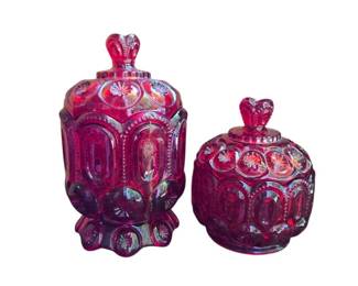 2 Vintage LE Smith Red Amberina Compote Moon and Stars Pattern 1960s