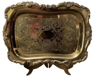 Vintage Copper Craft Style Etched Brass Tray With Folding Brass Stand