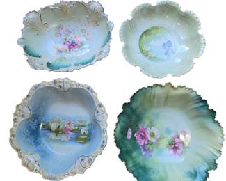4 Floral Scalloped Rimmed Handpainted Porcelain Bowls