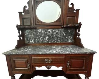 Gorgeous Antique Oak Sideboard Server on Castors with Beveled Glass Swivel Mirror and Marble Top Backsplash