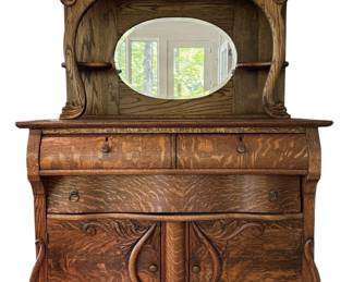 Stunning Antique Solid Oak Sideboard Buffet with Beveled Glass Mirror