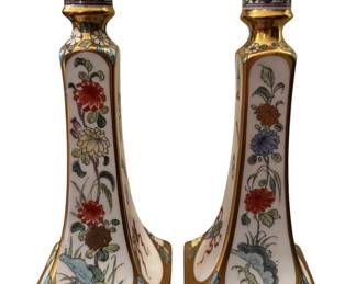 Hand Painted Floral Pickard China Porcelain Candlestick Holders