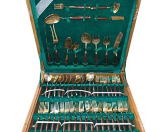 Vintage Thai Bronze flatware Set Featuring Rosewood Handles Housed in a Hinged Wooden Protective Case