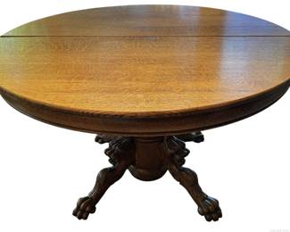 Gorgeous Round Antique Oak Pedestal Dining Table with Lion Head and Claw Foot Base 2 9in Leaves Included